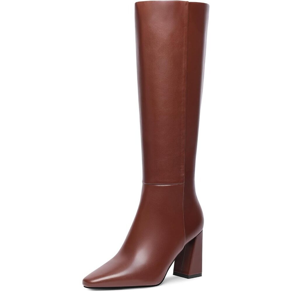 Women's Brown Square Toe Chunky High Heel Tall Fashion Side Zipper Long Boots